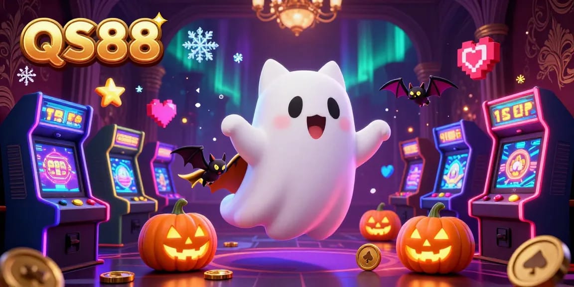 Experience thrilling wins at QS88 with a ghost cat and bat in a vibrant casino scene.