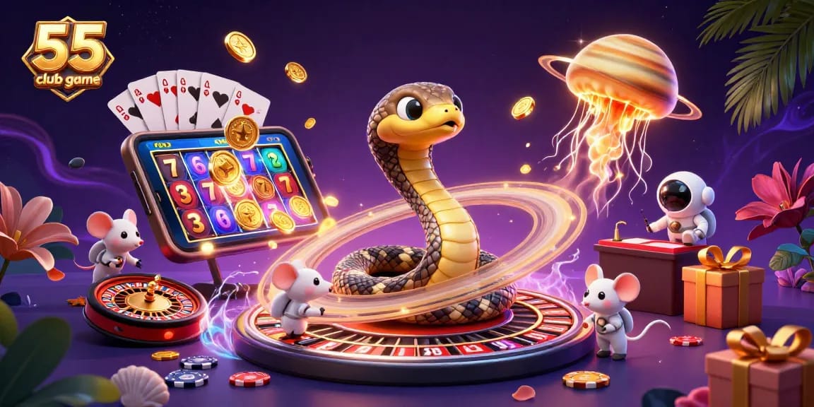 Explore the 55 club game with engaging animated elements like betting astronauts and cosmic dealer.