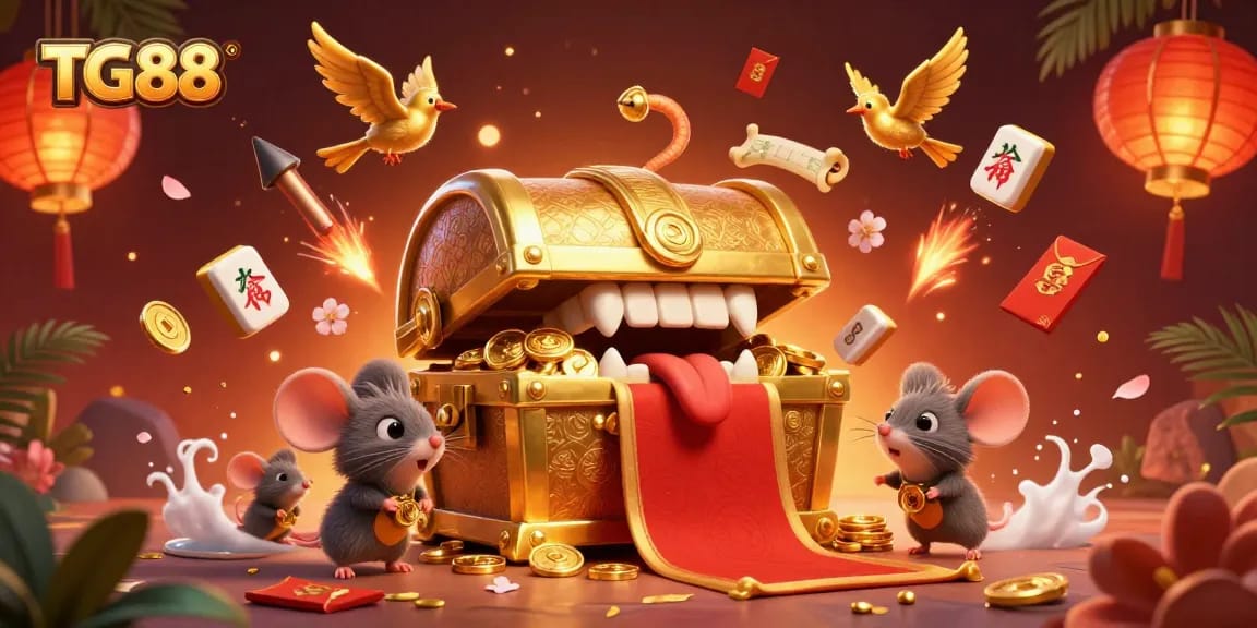 Engage with TG88's vibrant gambling world featuring a treasure chest, joyful mice, and festive ornaments.