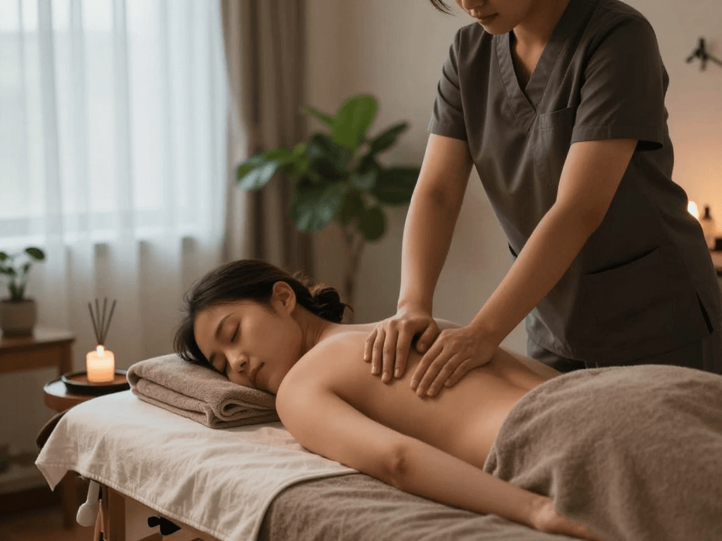 안양출장마사지 session in a serene home environment with a professional therapist providing relaxation.