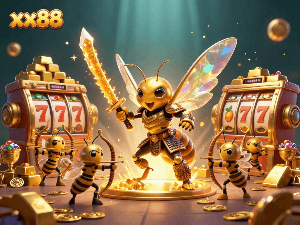 Win big with xx88 in this vibrant illustration of a golden hornet samurai amidst a slot machine jackpot.