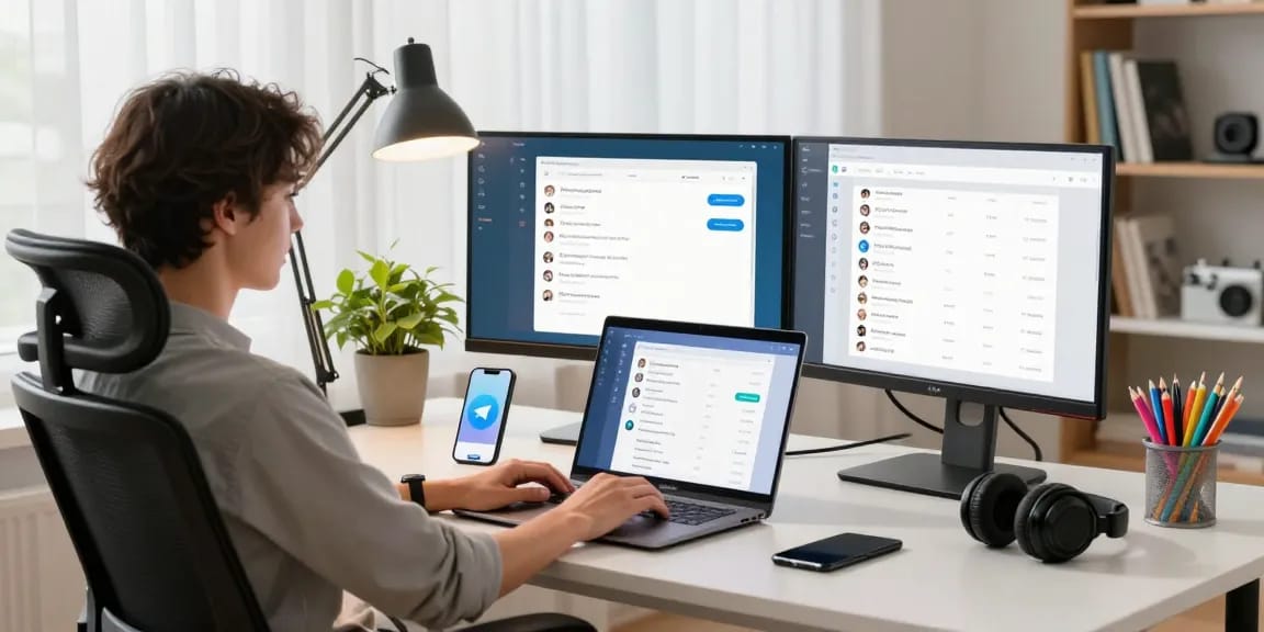 Using the Telegram web version in a contemporary home office setup with dual monitors and a laptop.
