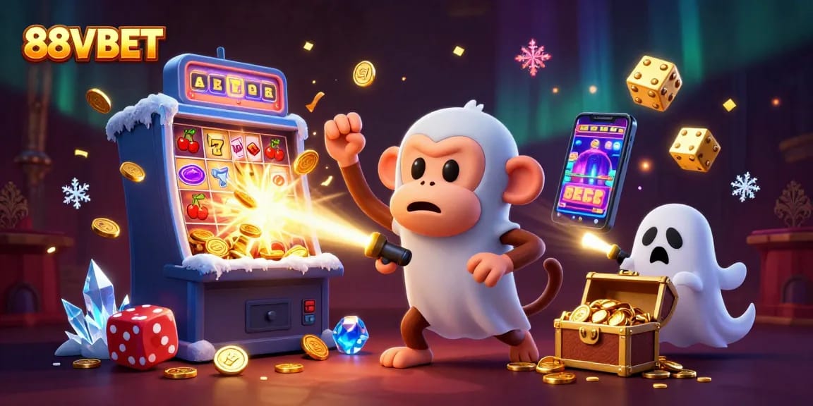 Win big with 88VBET at the vibrant jackpot casino scene featuring a playful monkey and eager puppy.