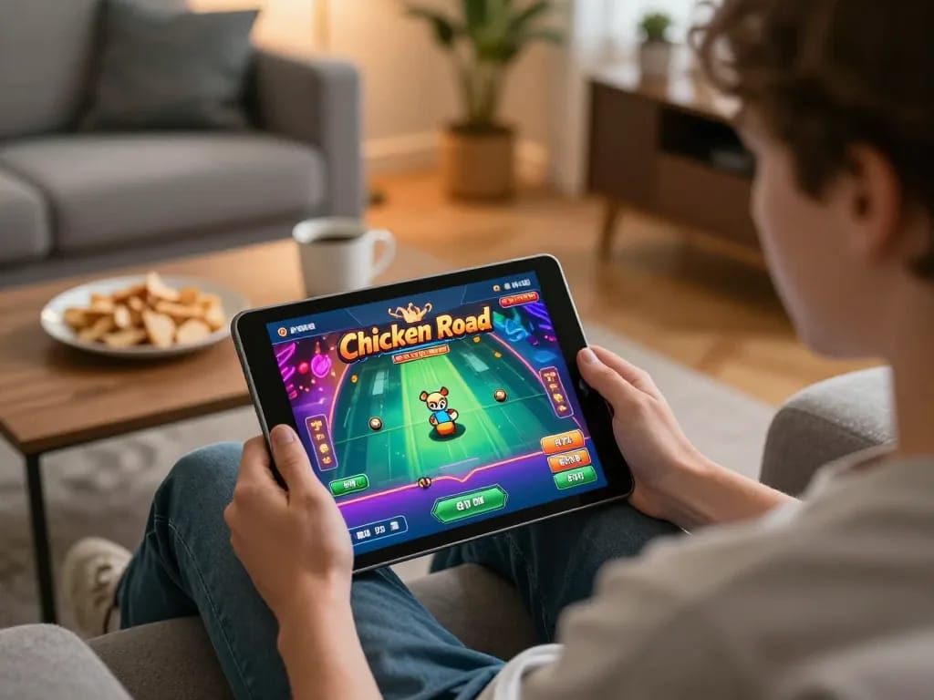 Giocatore coinvolto rivede il gameplay di Chicken Road su tablet durante un'emozionante sessione di gioco a casa.