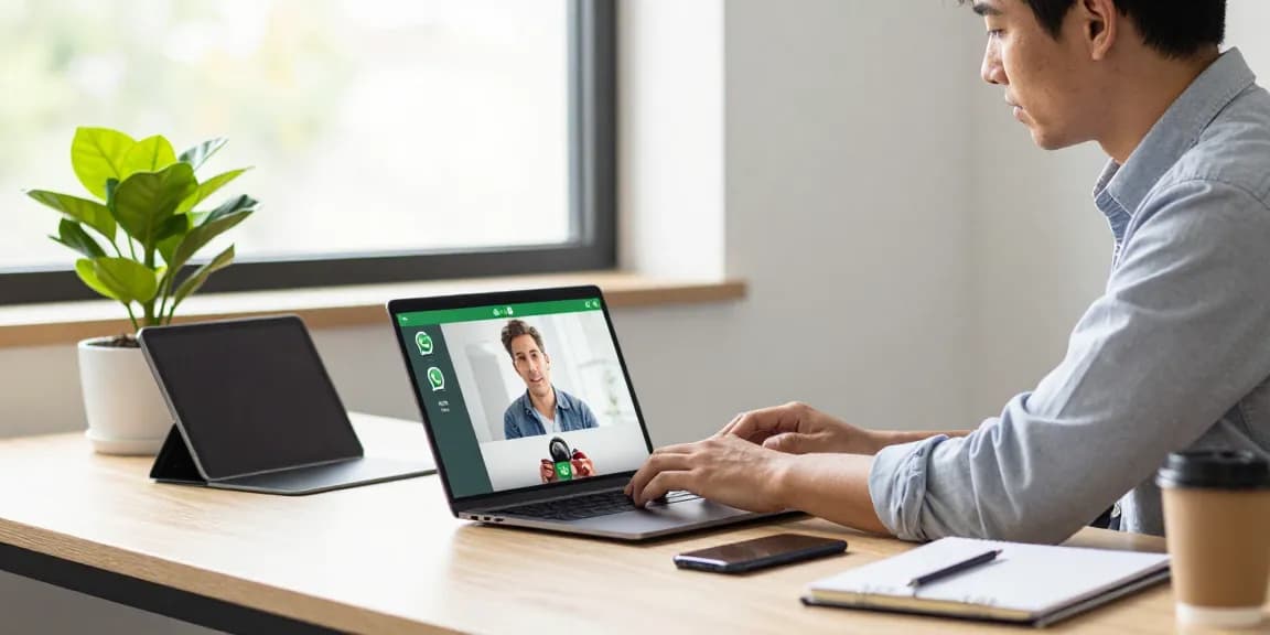 Professional using WhatsApp網頁版 on a laptop in a bright office workspace.