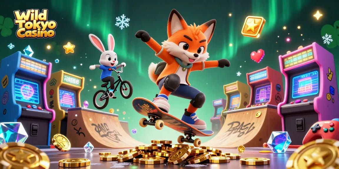 Gioca con stile al Wild Tokyo Casino: un'illustrazione di un vulcanico volpe skateboarder e un coniglio BMX tra simboli di casinò e giochi arcade.