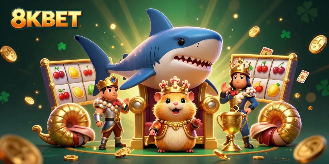 Engage with 8KBET's lively slots and promotional events in this vibrant casino illustration.