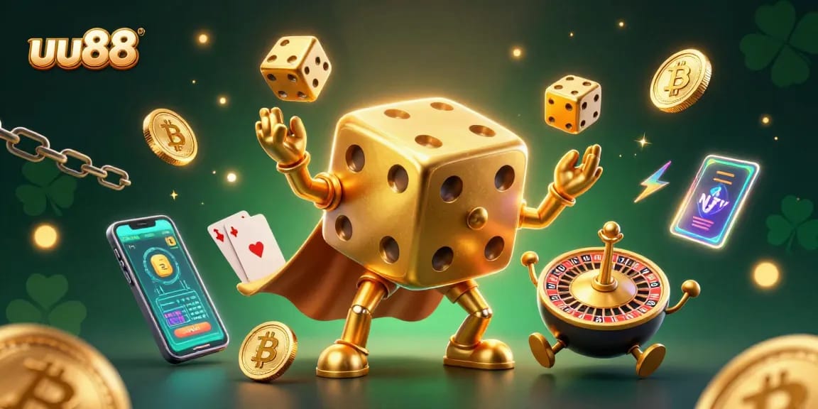 Play games at uu88 with a 3D vibrant scene showcasing a golden dice golem and crypto elements.