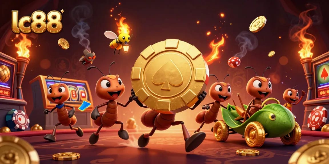 Engage in thrilling gaming at lc88 with 3D cartoon ants carrying a giant poker chip through a vibrant casino scene.