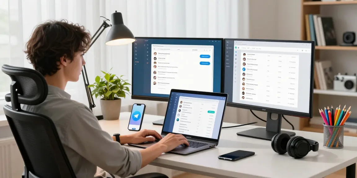 Using the Telegram web version in a contemporary home office setup with dual monitors and a laptop.