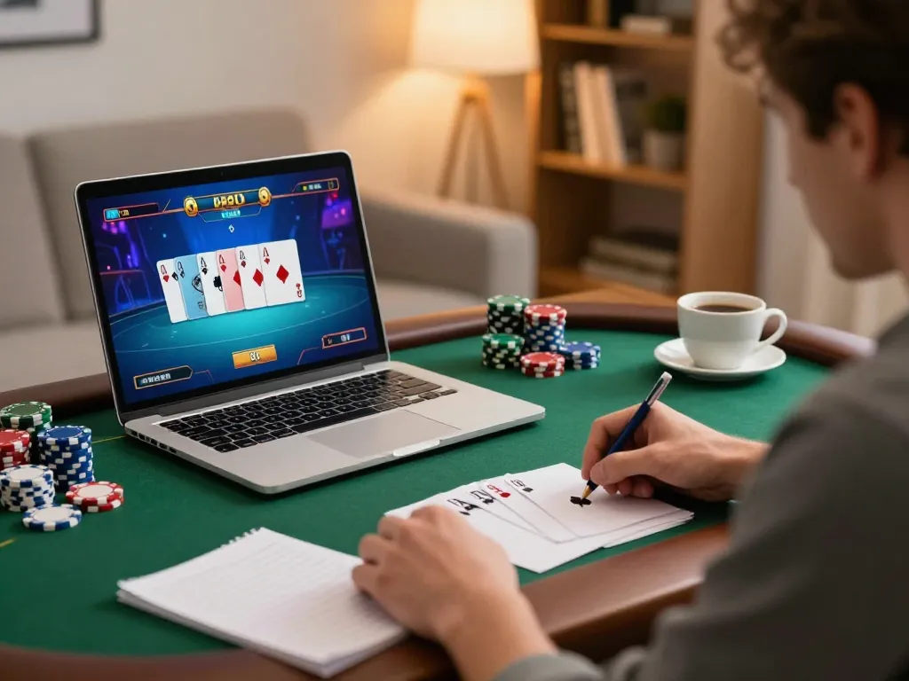 Player enjoying a game đổi thưởng uy tín on their laptop, with vibrant poker interface and cozy home ambiance.