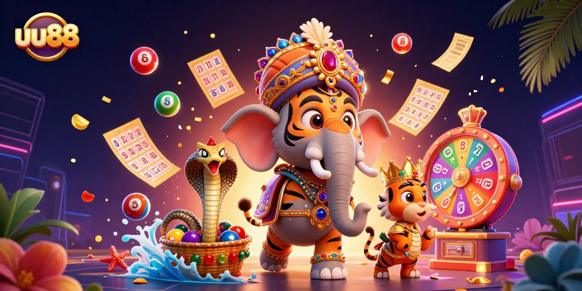 Experience exciting wins with uu88 at a vibrant digital casino, featuring lively lottery elements and jungle characters.