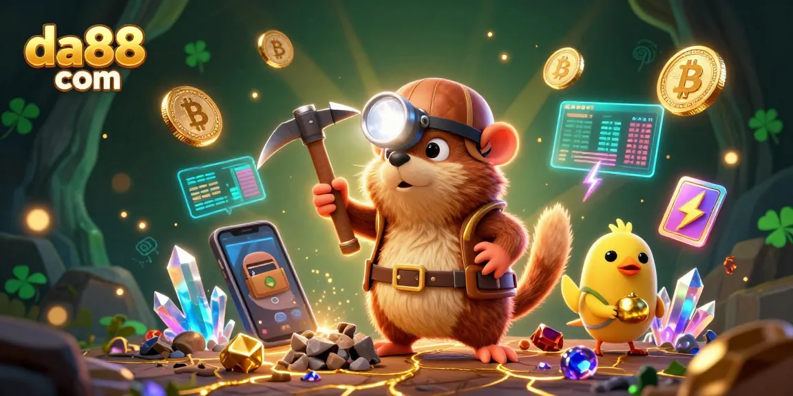 Engage in the vibrant world of da88 com with a treasure hunter mole and crypto elements glimmering.