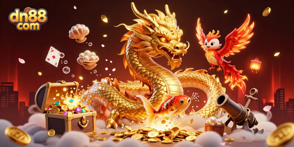 Win big with exciting gameplay at dn88 com, featuring a fierce dragon and magical elements.
