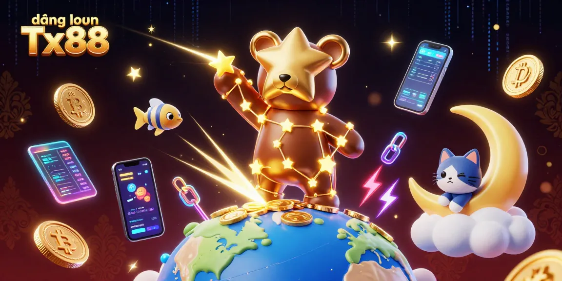 Join the action at đăng nhập Tx88 with 3D cartoon characters and cryptocurrency elements lighting up the casino world.