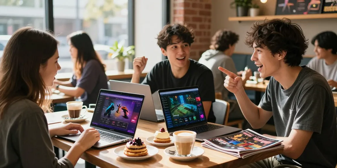 Engaging coffee shop scene with friends discussing rokok88 gaming tips during a lively conversation.