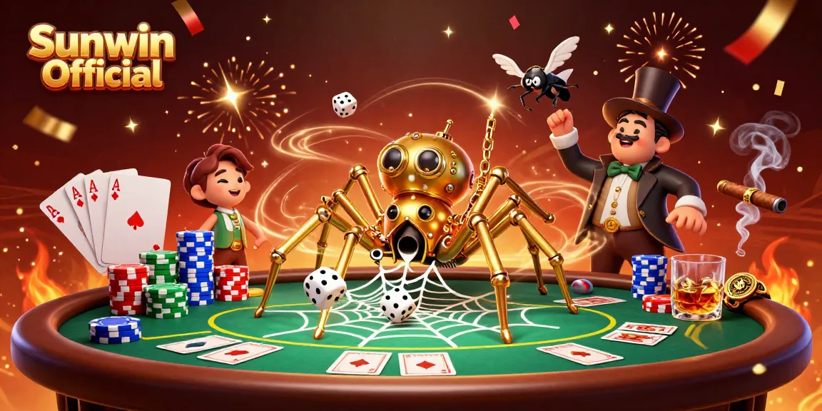 Engage with Sunwin Official at this vibrant casino scene featuring a steampunk spider amidst poker elements.