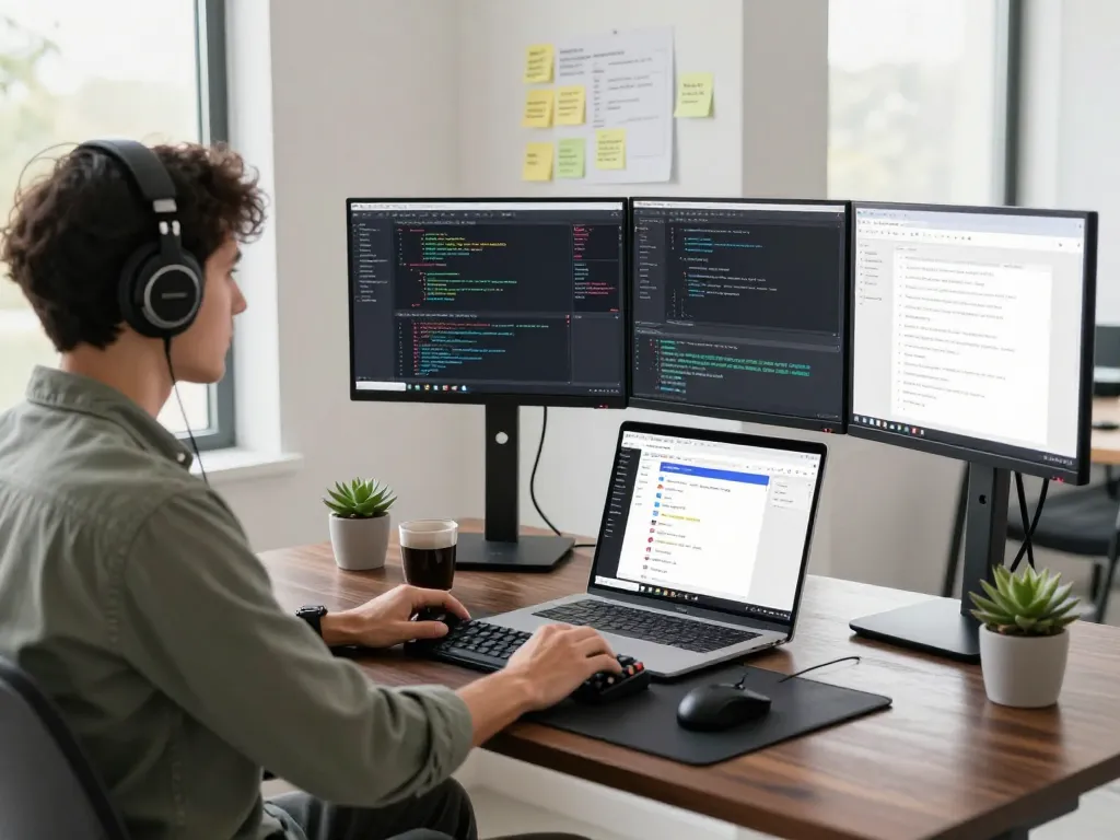 Dynamic workspace focusing on clawdbot software development with multiple monitors and coding activities.