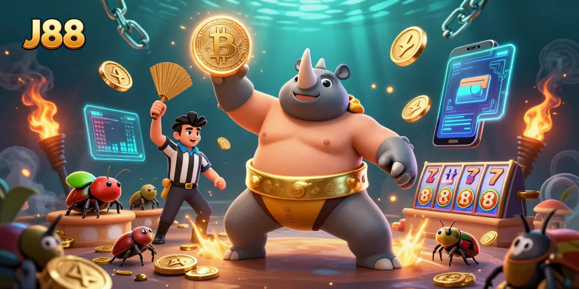 Experience J88 with vibrant slot action featuring a beetle champion and crypto elements.