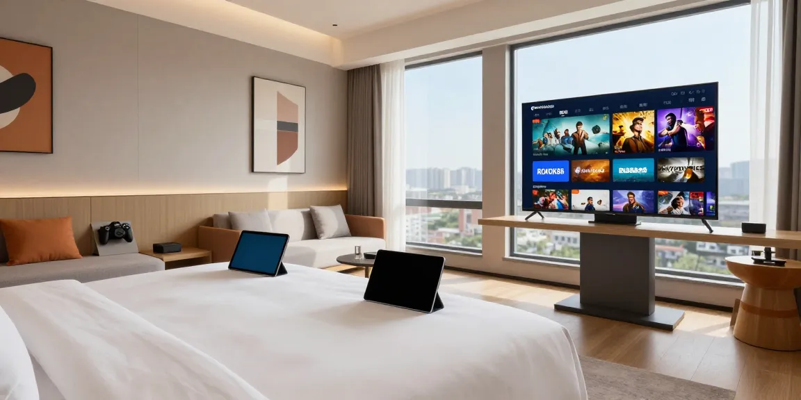 rokok88 slot modern hotel room with gaming setup, cozy ambiance, and natural light