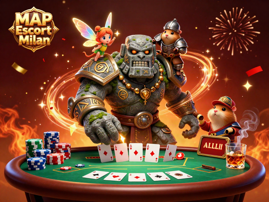 Experience gaming excitement with MAP Escort Milan, featuring vibrant poker elements and magical characters.