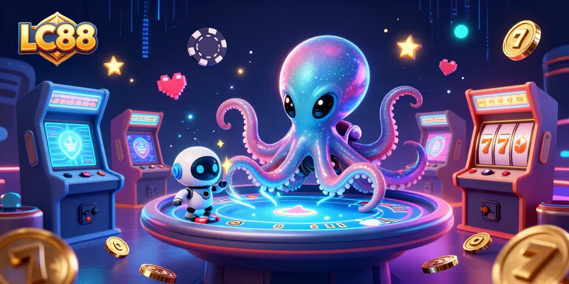 Engage with thrilling slot action at LC88 as a cartoon alien octopus plays holographic poker amidst vibrant game elements.
