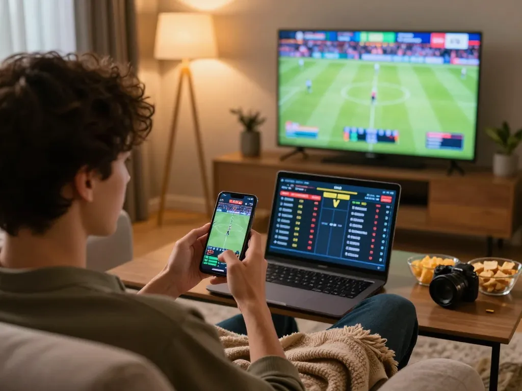 Person placing a sports bet on Net88 app in a cozy living room setting, showing excitement.
