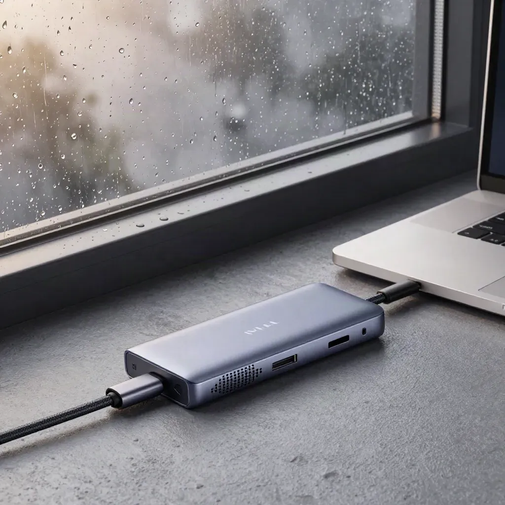 Hub USB-C, cavo intrecciato, router e notebook spento vicino a una finestra bagnata dalla pioggia.