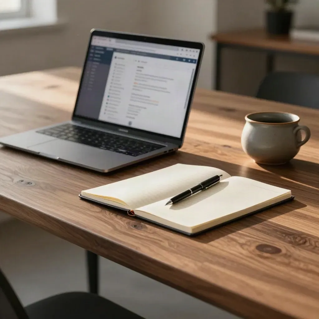 Laptop aperto, taccuino bianco e penna nera su banco in legno, luce calda del tardo pomeriggio.