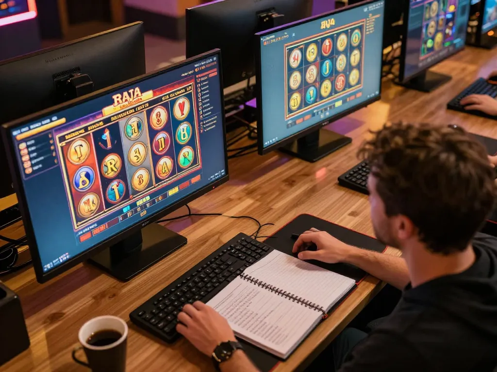 Player engaging with raja slot game interface on multiple screens during an exciting online session