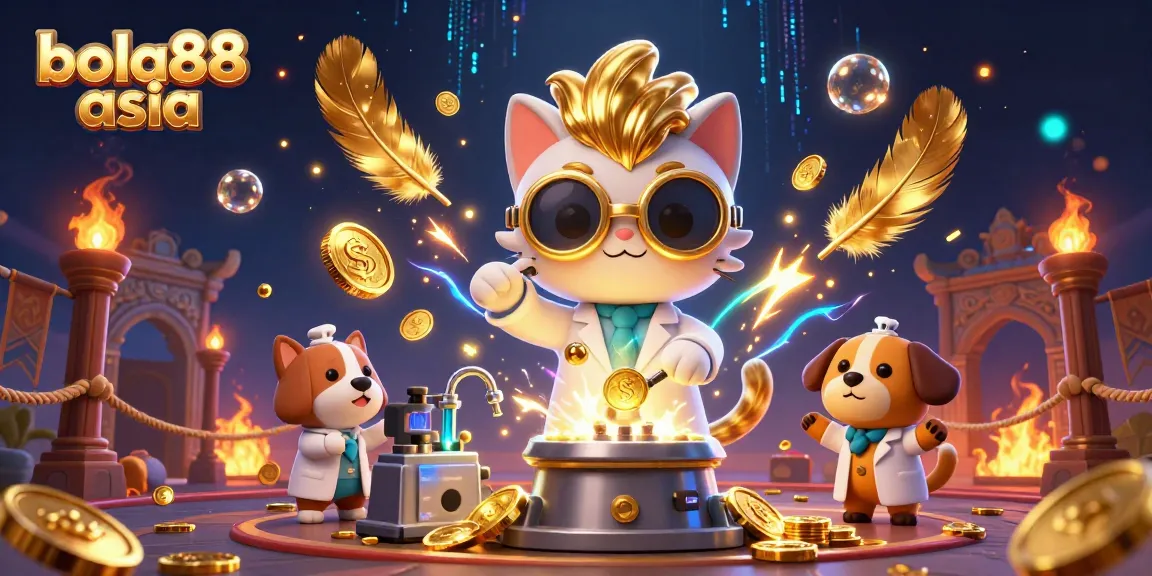 Experience the excitement of bola88 asia with a mad scientist cat and golden gaming elements in this vibrant illustration.