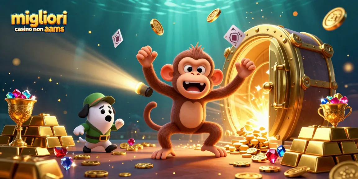 Explore the migliori casino non aams with a lively scene featuring a playful invisible monkey juggling golden casino items.