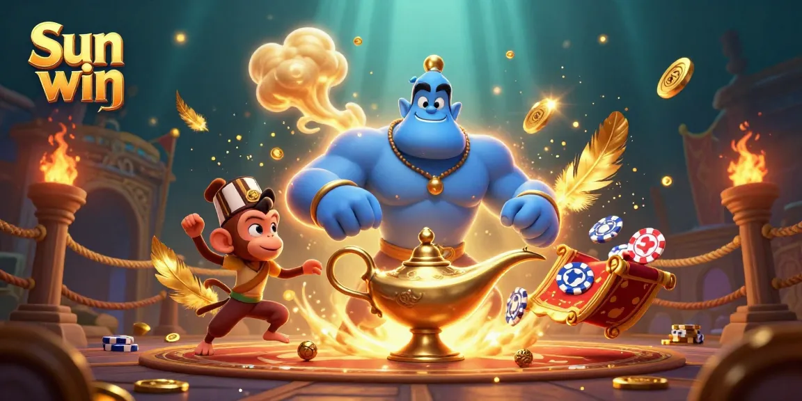 Experience the thrill of Sun win with a lively 3D casino adventure featuring genies, poker chips, and jackpots.