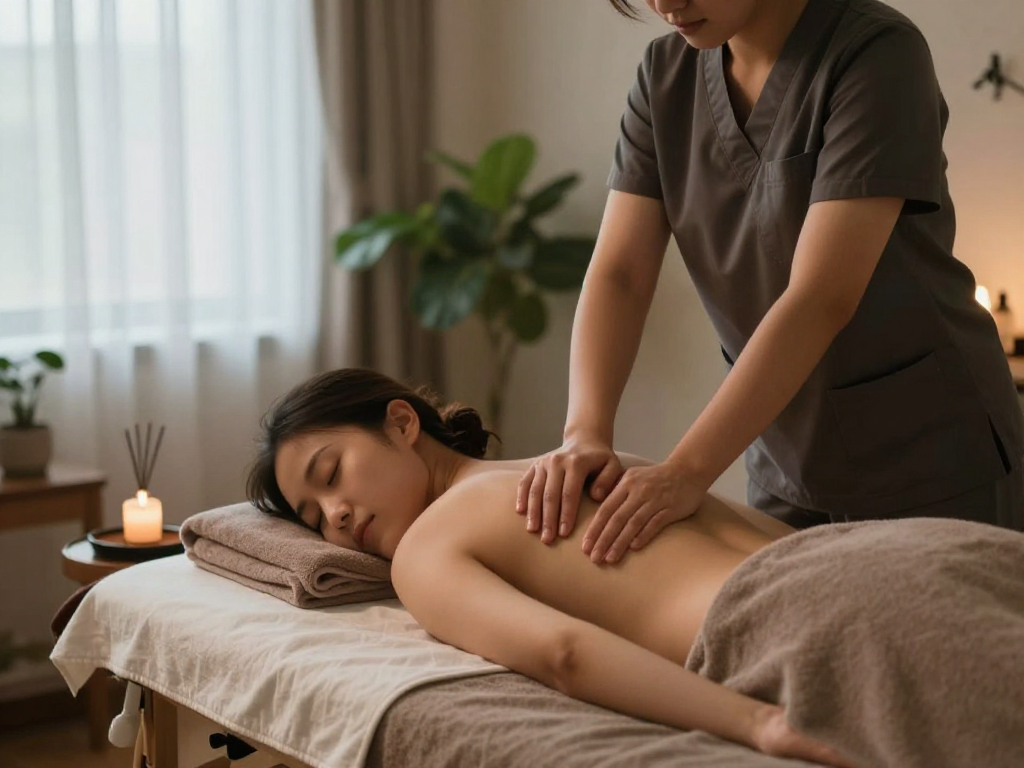 안양출장마사지 session in a serene home environment with a professional therapist providing relaxation.