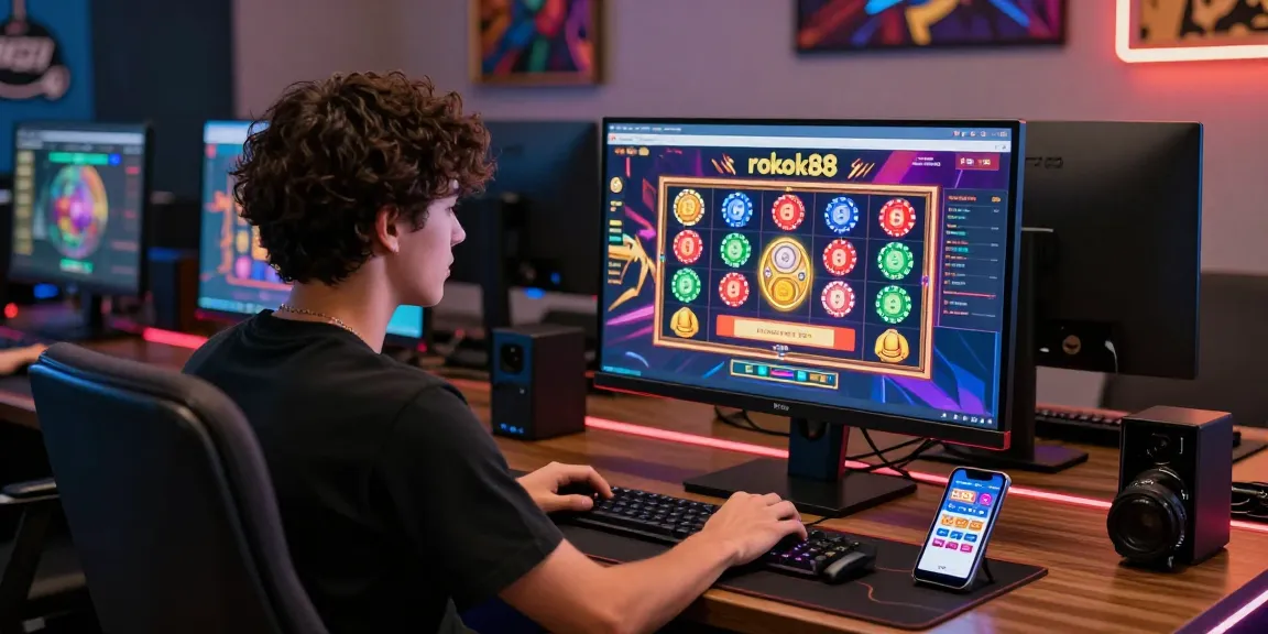 Engaging scene of a player during rokok88 slot login at vibrant online gaming setup with dynamic graphics and gaming tokens.