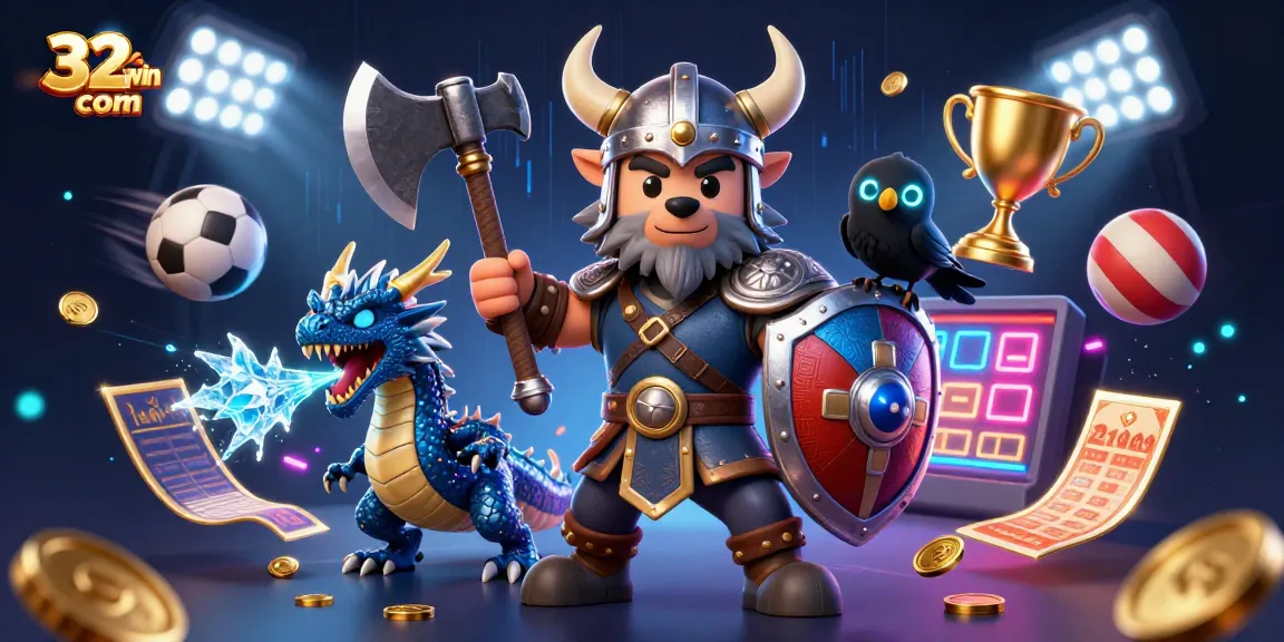 Engage in thrilling gameplay at 32win com with Viking warrior and fierce dragon, showcasing sports betting excitement.