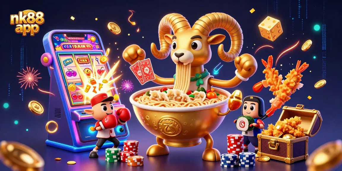 Engage in thrilling slots action with nk88 app depicting a vibrant, energetic casino scene with animated characters.