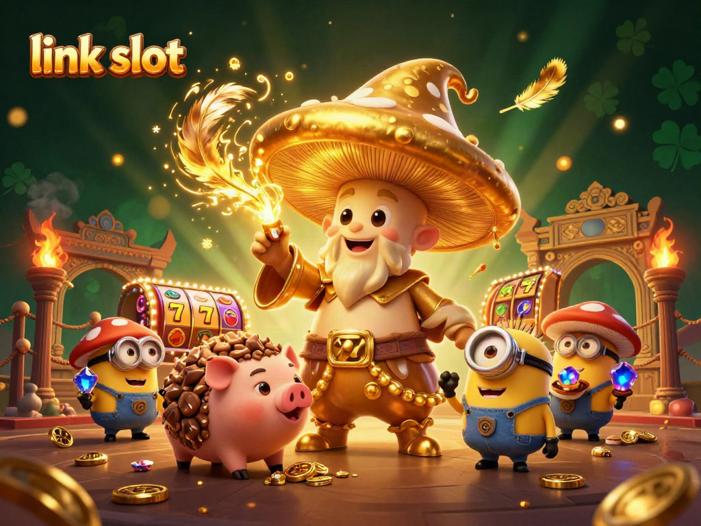 Engage with link slot excitement as a golden wizard conjures riches in a dynamic casino scene.