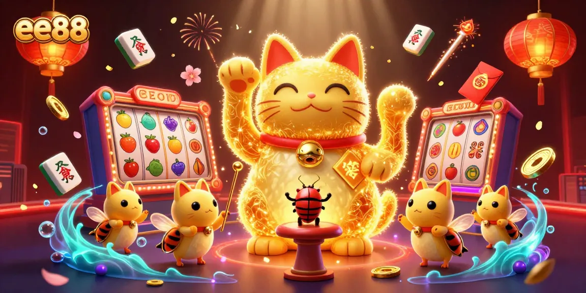 Engage with ee88's vibrant casino scene featuring a lucky cat and dynamic game elements.