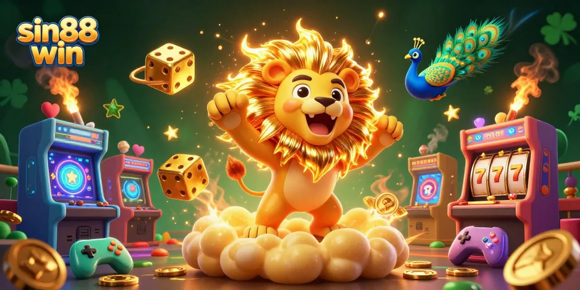 Experience sin88 win with dynamic 3D casino elements featuring a roaring lion, golden dice, and vibrant game machines.