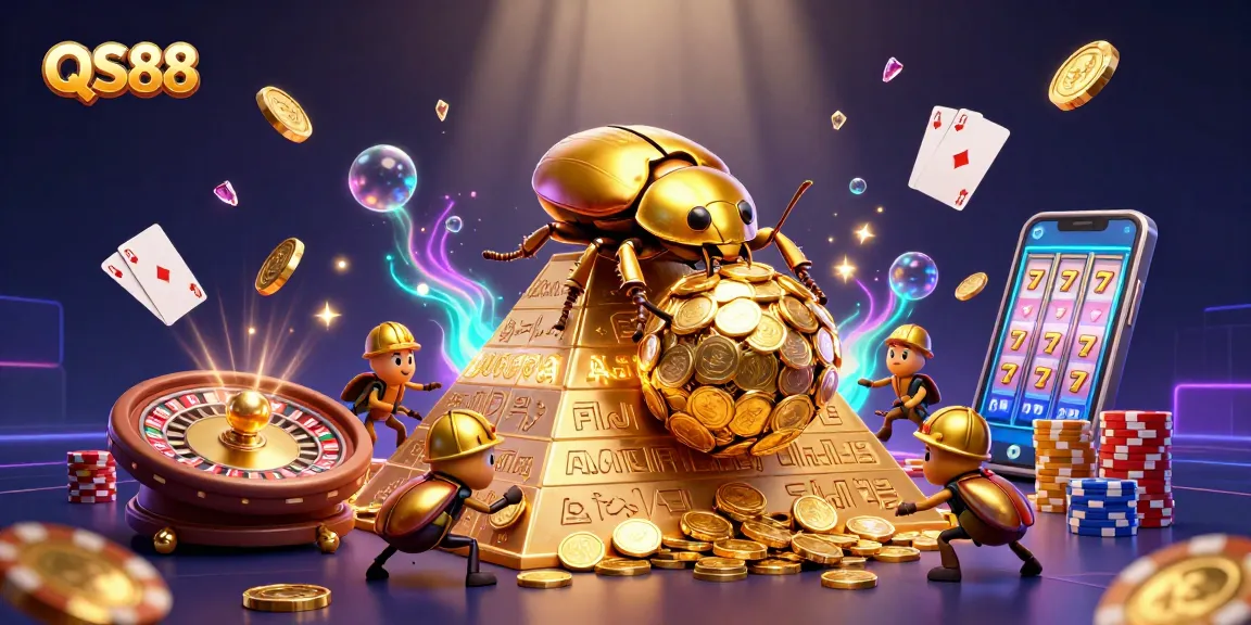 Boost your winnings with QS88's thrilling gold-coin adventure in an animated casino scene.