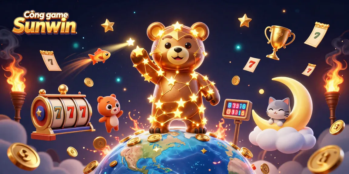 Cổng game Sunwin offers vibrant 3D illustration with golden stars, casino elements, and engaging characters.