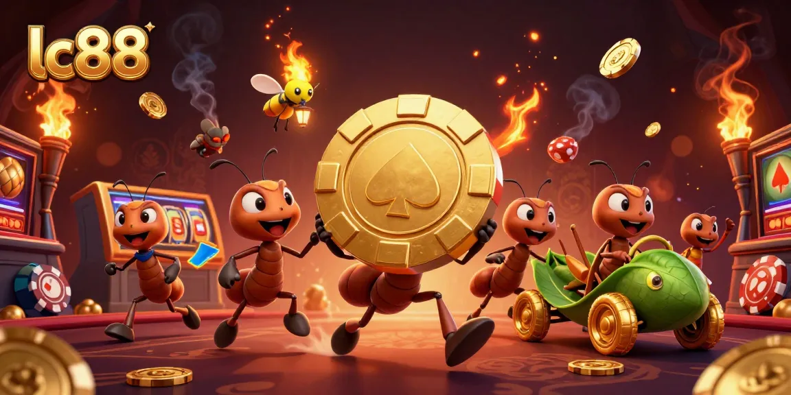 Engage in thrilling gaming at lc88 with 3D cartoon ants carrying a giant poker chip through a vibrant casino scene.
