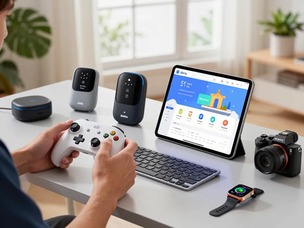 Exploring top 10 tech gadgets 2069 in a modern workspace with Bluetooth devices.