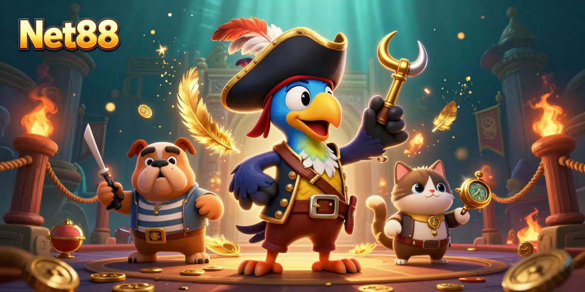 Experience thrilling bets with Net88 in a vibrant 3D casino scene featuring a pirate captain and friends.