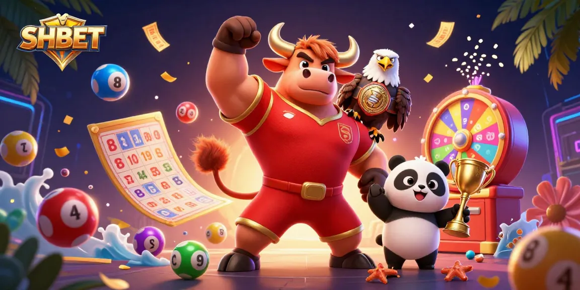 SHBET features a dynamic casino scene with vibrant lottery elements and playful characters.