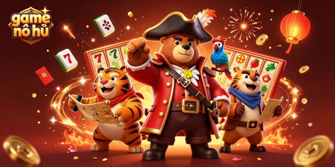 Engage in game nổ hũ with thrilling illustrations of a pirate captain bear and slot elements.