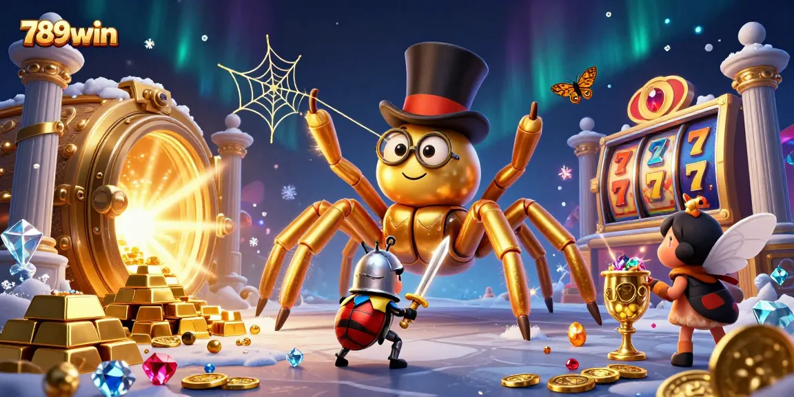 Experience the thrill of 789win with a vibrant casino scene featuring a golden tarantula and treasures.