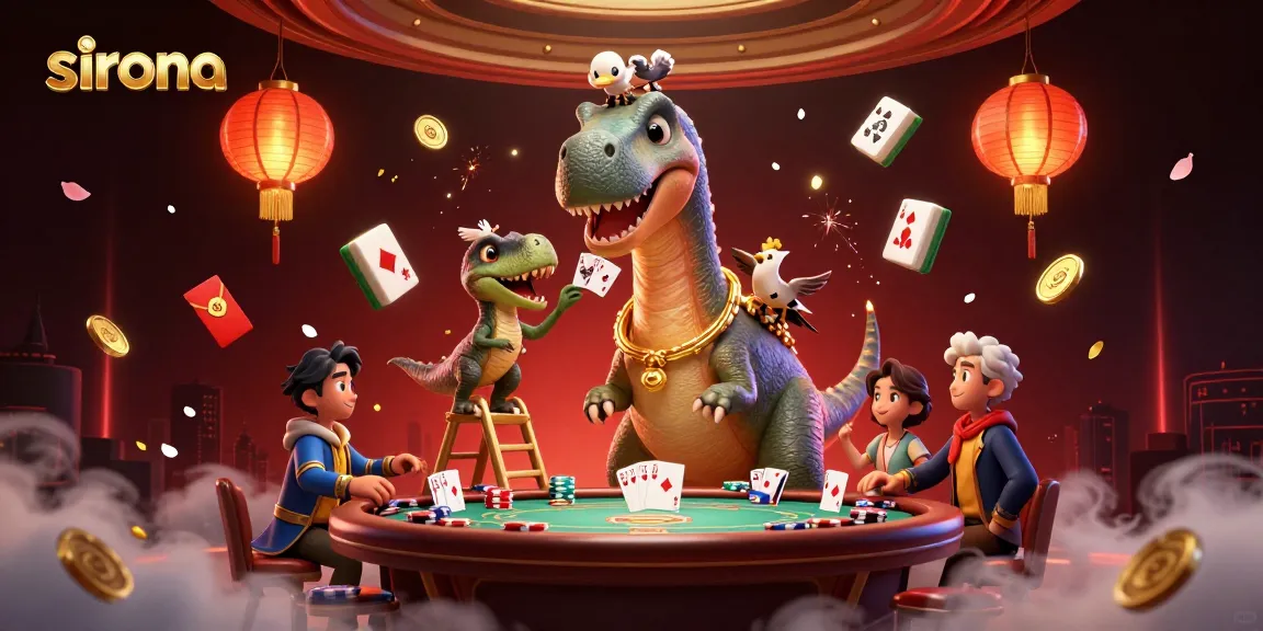 Engage with the sirona casino experience featuring a towering brontosaurus and vibrant poker scene.