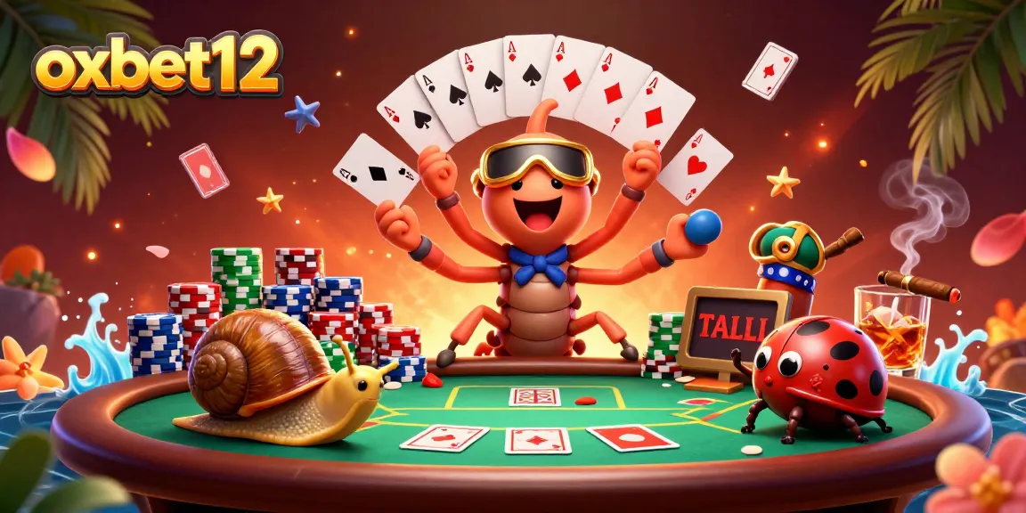 Engage with oxbet12's exciting gameplay scene featuring a cartoon millipede dealer, a snail high-roller and thrilling card dynamics.